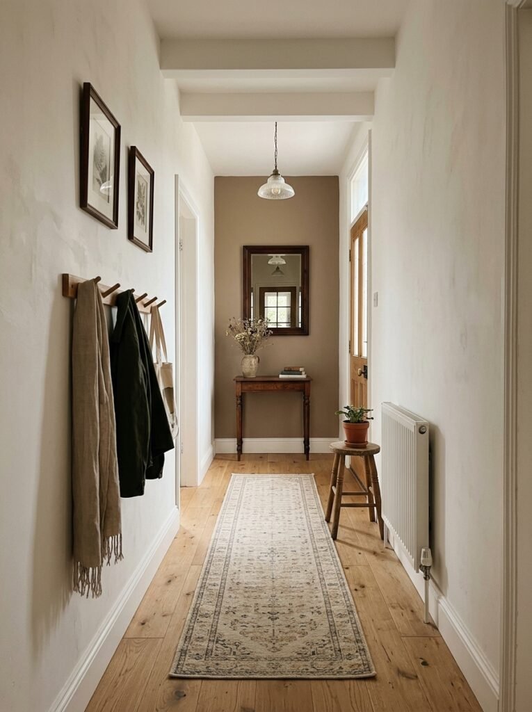 Narrow entryway hallway with warm white side walls and a darker taupe end wall