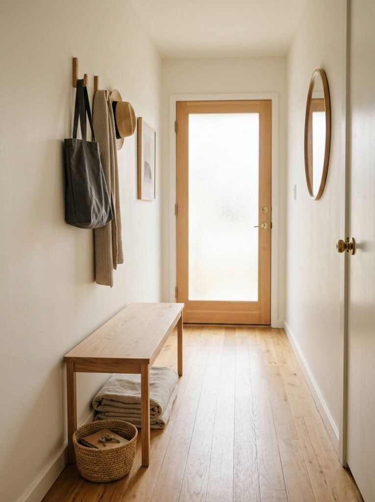Narrow entryway with a slim oak bench against the wall, a linen throw on top and a woven basket underneath