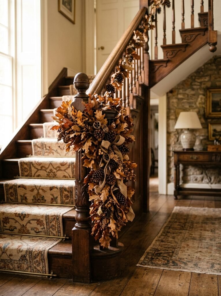 Oak leaf and pinecone swag on a newel post