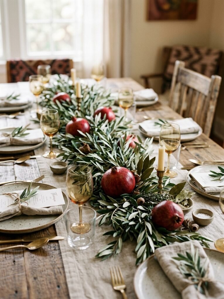 Olive branch garland with pomegranates on a dining table