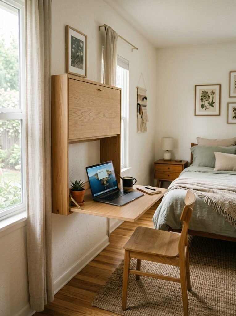 Fold-down wall mounted desk in a bedroom
