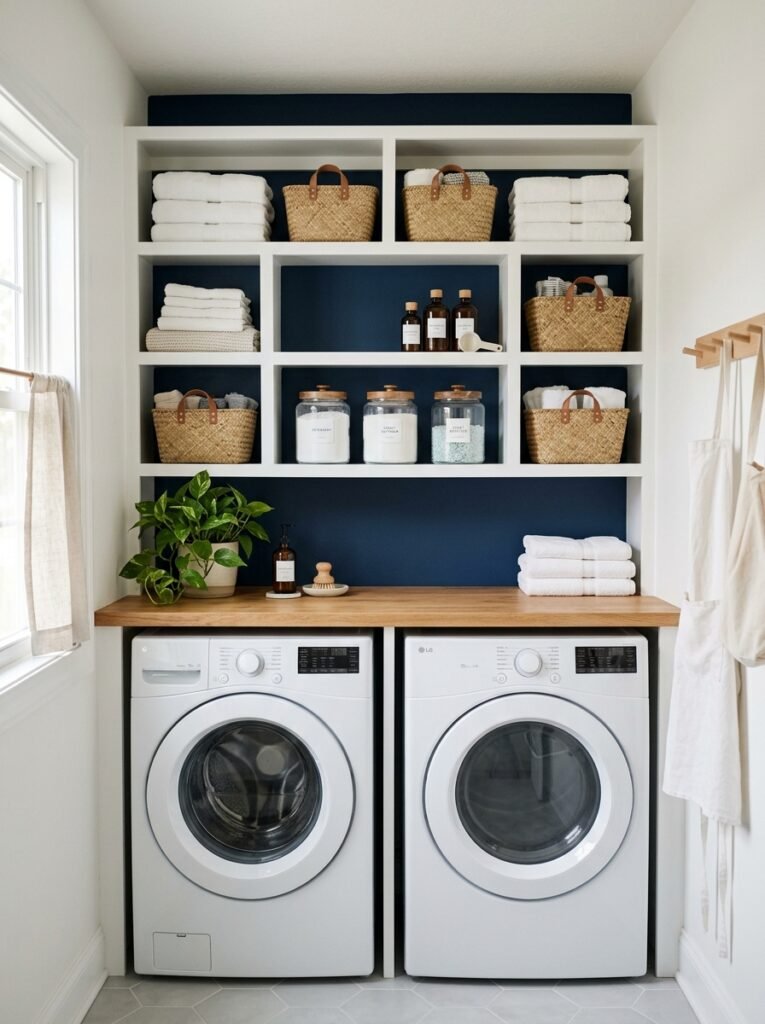 Navy painted back of open laundry room shelves with folded towels
