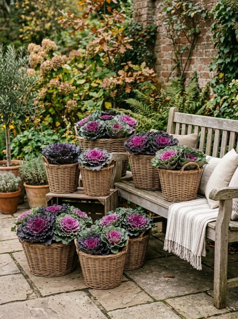 Ornamental kale in rattan baskets on a patio