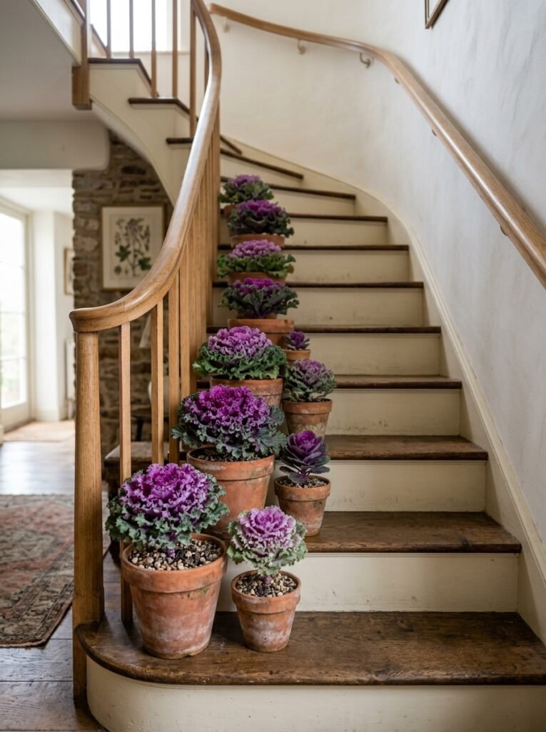 Ornamental kale in terracotta pots on stair steps