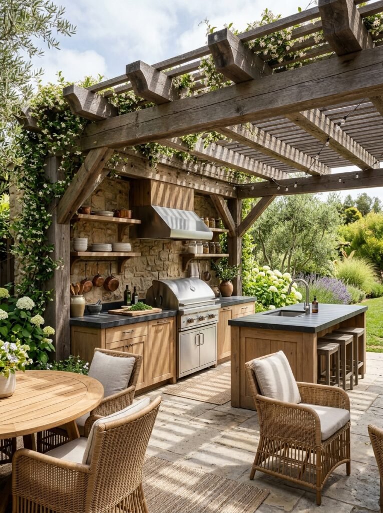 Outdoor kitchen sheltered beneath a timber pergola
