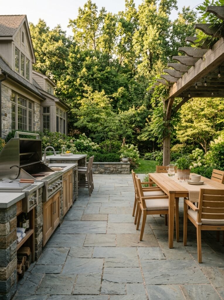 Outdoor kitchen grill facing away from the dining area
