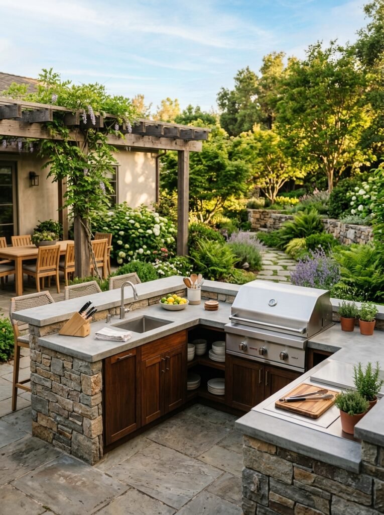 L-shaped outdoor kitchen island in a backyard