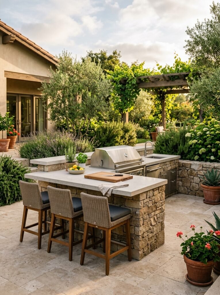 Outdoor kitchen island with counter overhang and bar stools