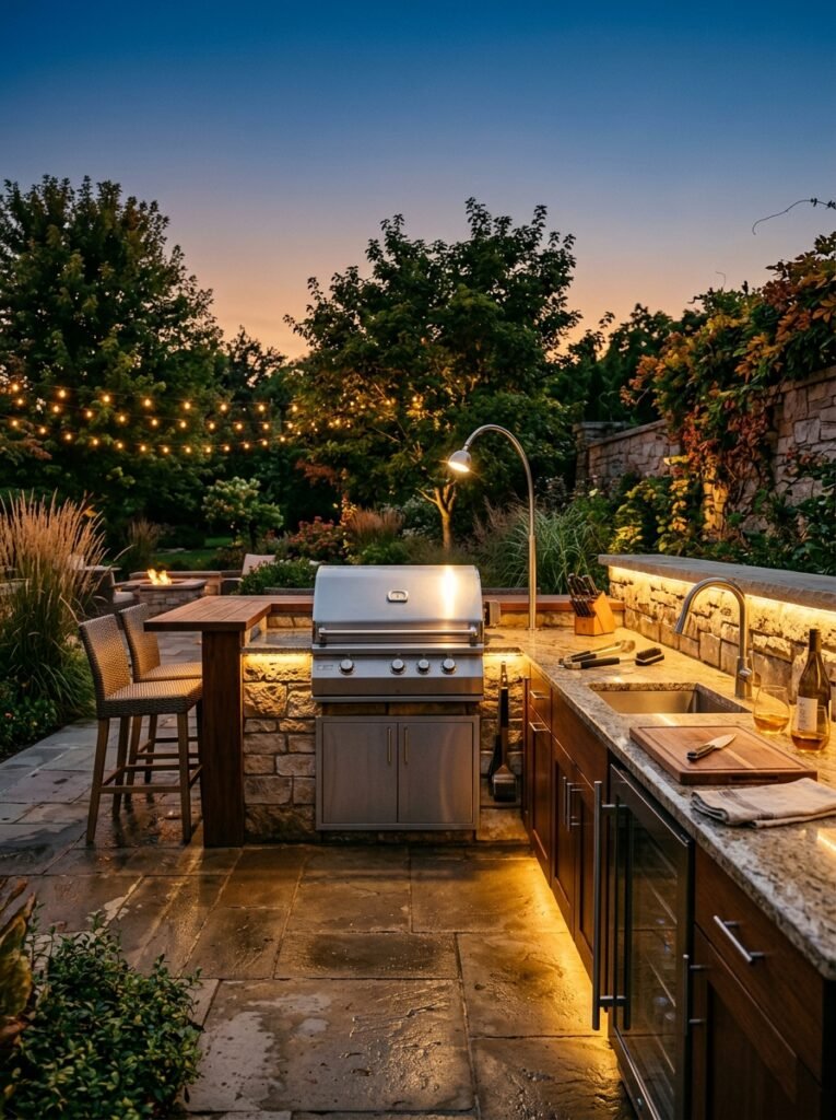 Outdoor kitchen lit at dusk with task and ambient lighting