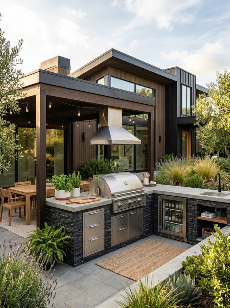 Outdoor kitchen with grill, counter and beverage fridge zones