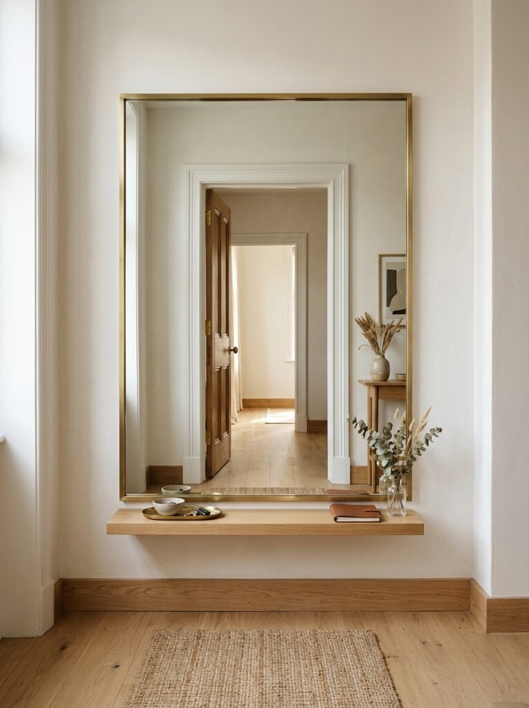 Oversized brass-framed mirror filling the wall of a small entryway