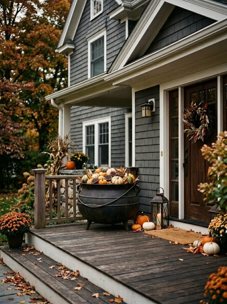Single oversized cauldronl as a Halloween porch statement piece