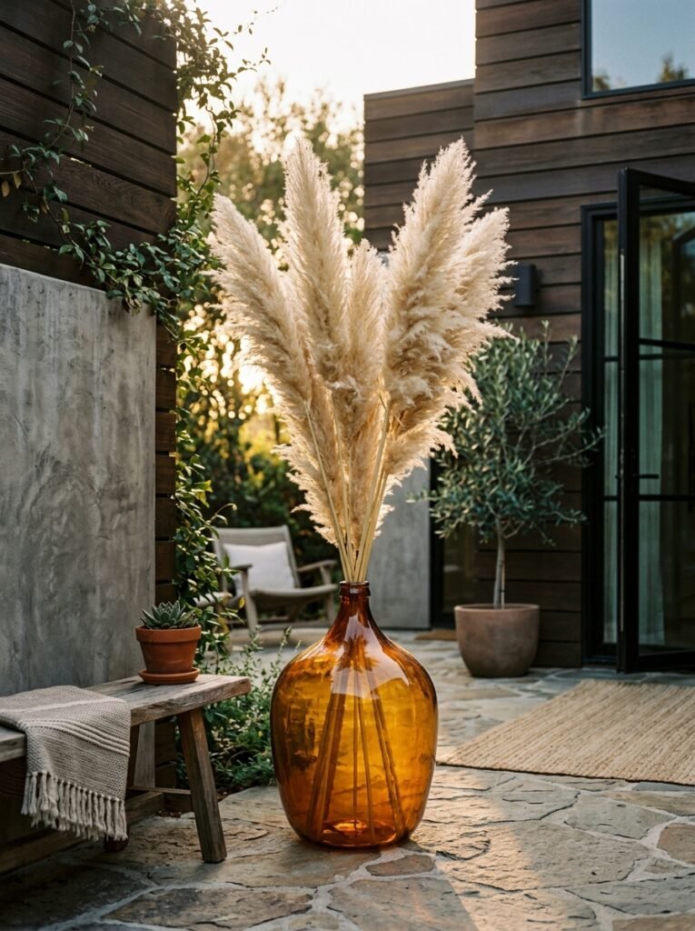 Pampas grass in an amber glass demijohn on a patio