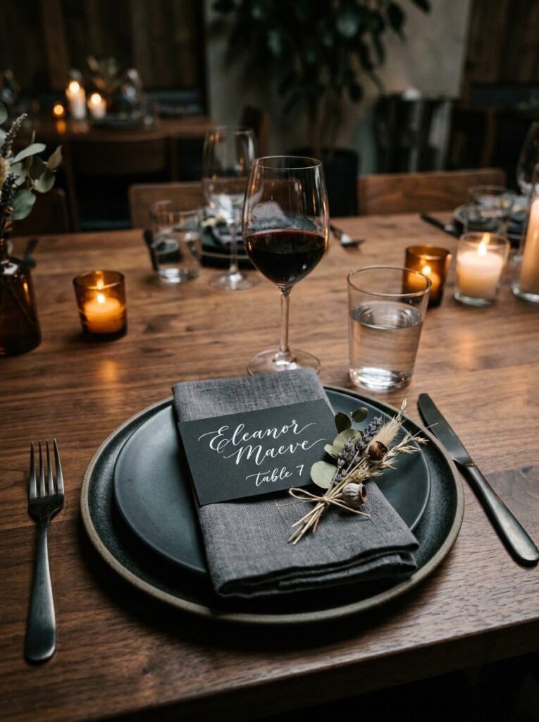 Black handwritten place card on a folded linen napkin.