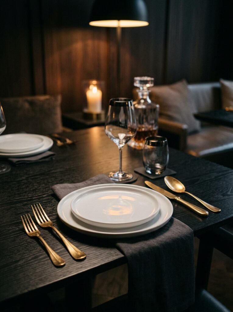 Antique brass flatware on a dark modern place setting.