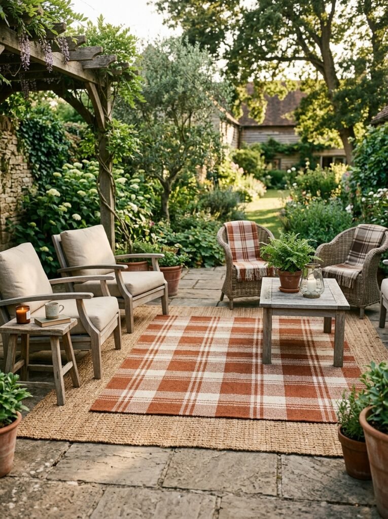 Plaid outdoor rug layered over coir matting on a patio