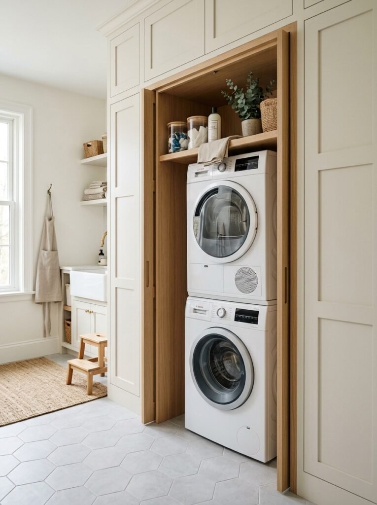 Pocket doors slid back into a laundry cabinet