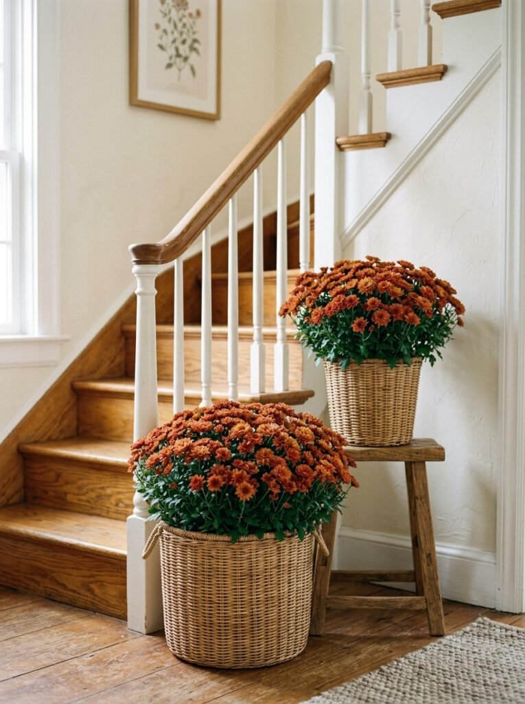 Rust mums in rattan baskets by a staircase