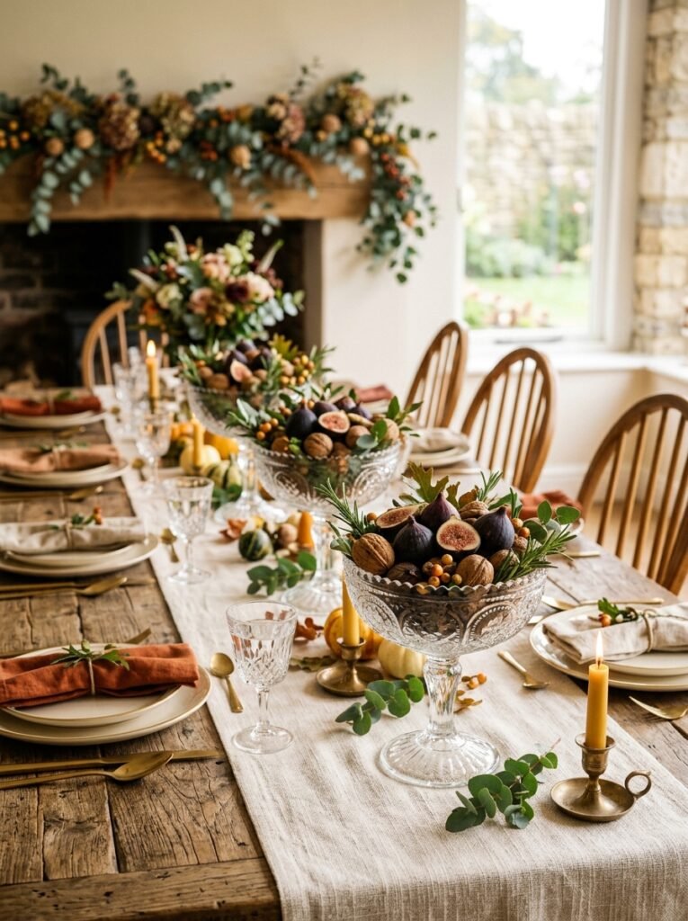 Glass compotes of figs and walnuts on a dining table