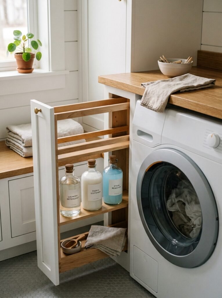 Pull-out cabinet with detergent bottles beside a washer