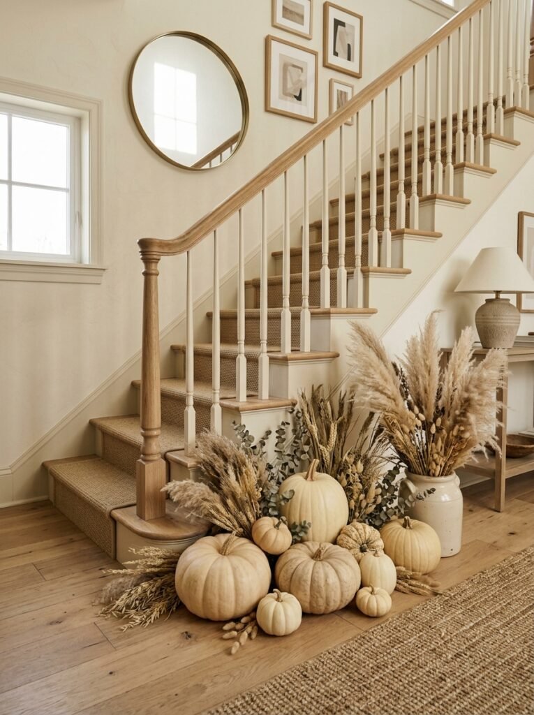 Cream and sand pumpkin cluster at a staircase base