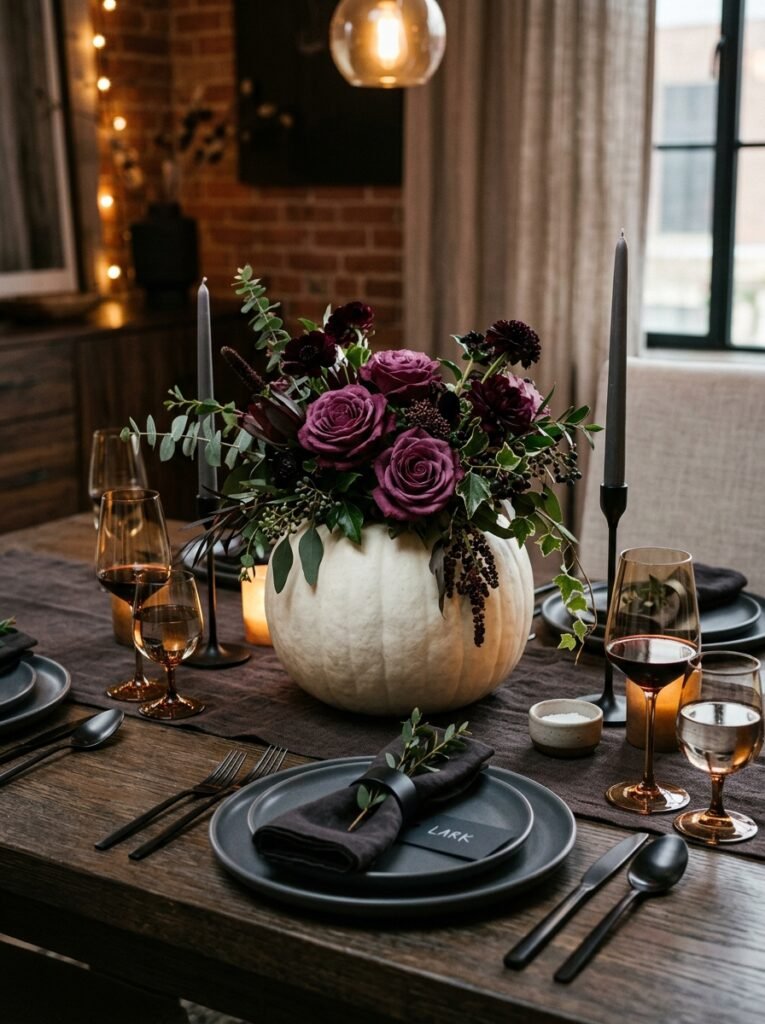 Hollowed white pumpkin floral vase on a modern table.