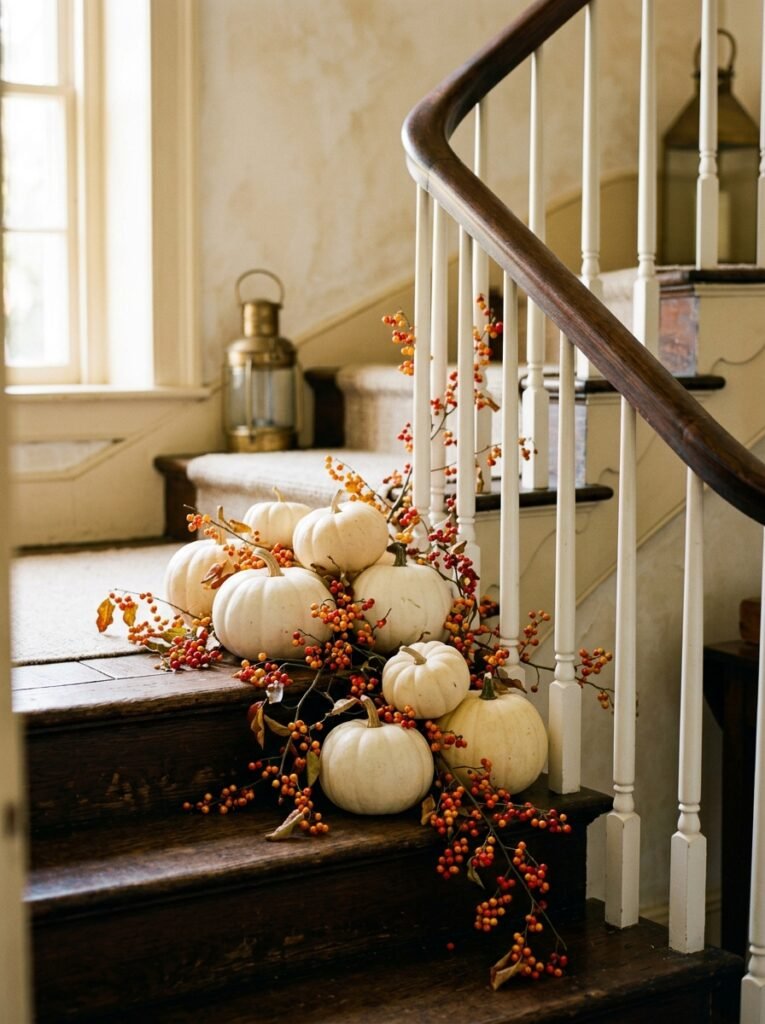 White ghost pumpkins with bittersweet berries on stairs