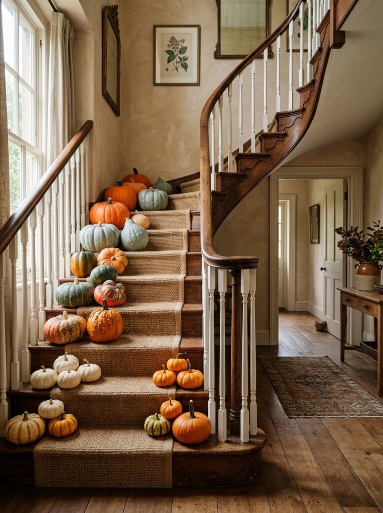 Heirloom pumpkins cascading down staircase steps