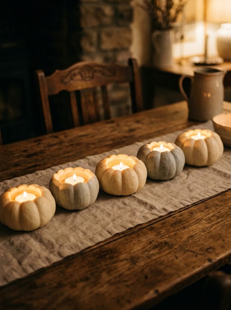 White pumpkins hollowed as Halloween votive holders
