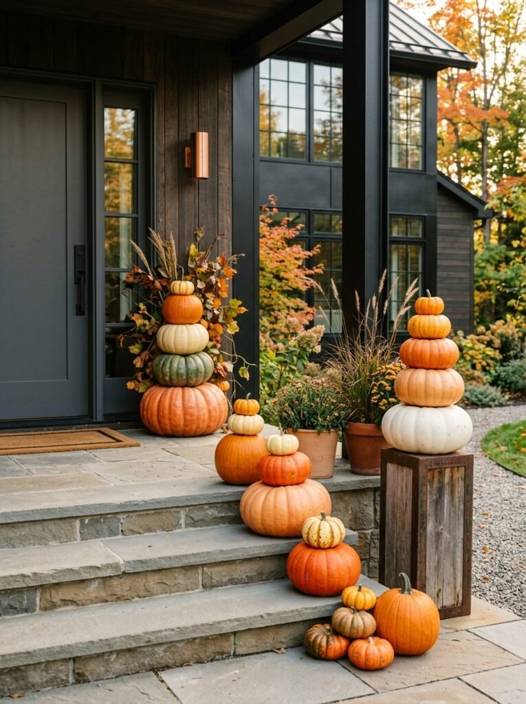 Stacked pumpkins creating height on porch steps