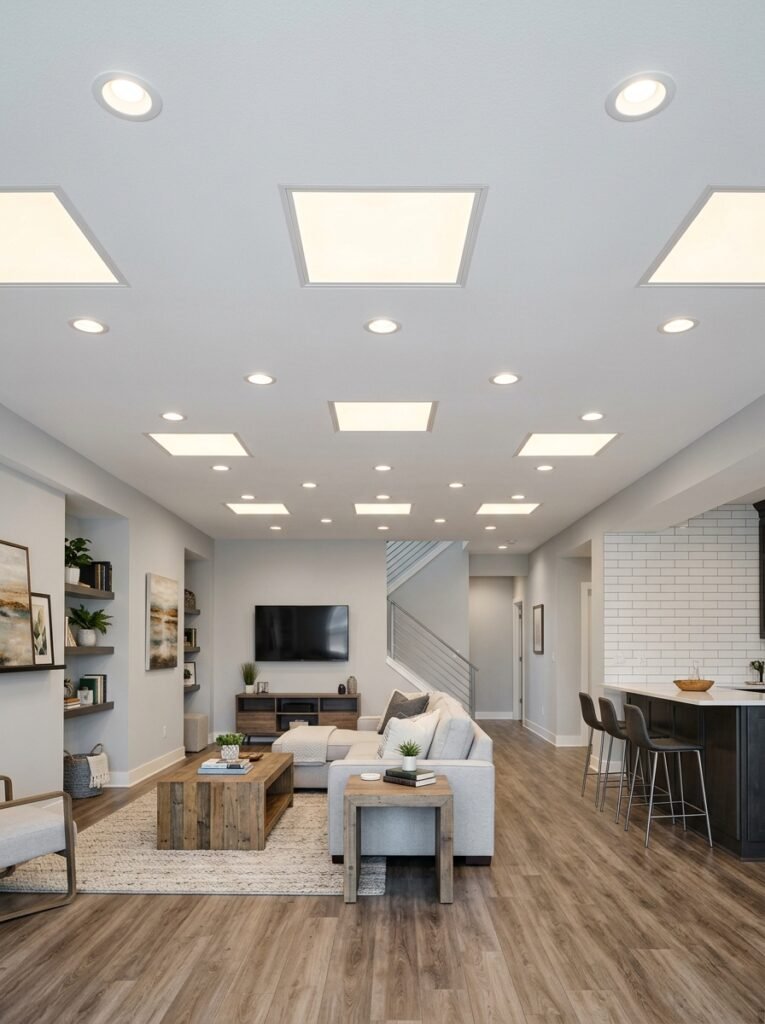 Recessed lighting in a finished basement ceiling
