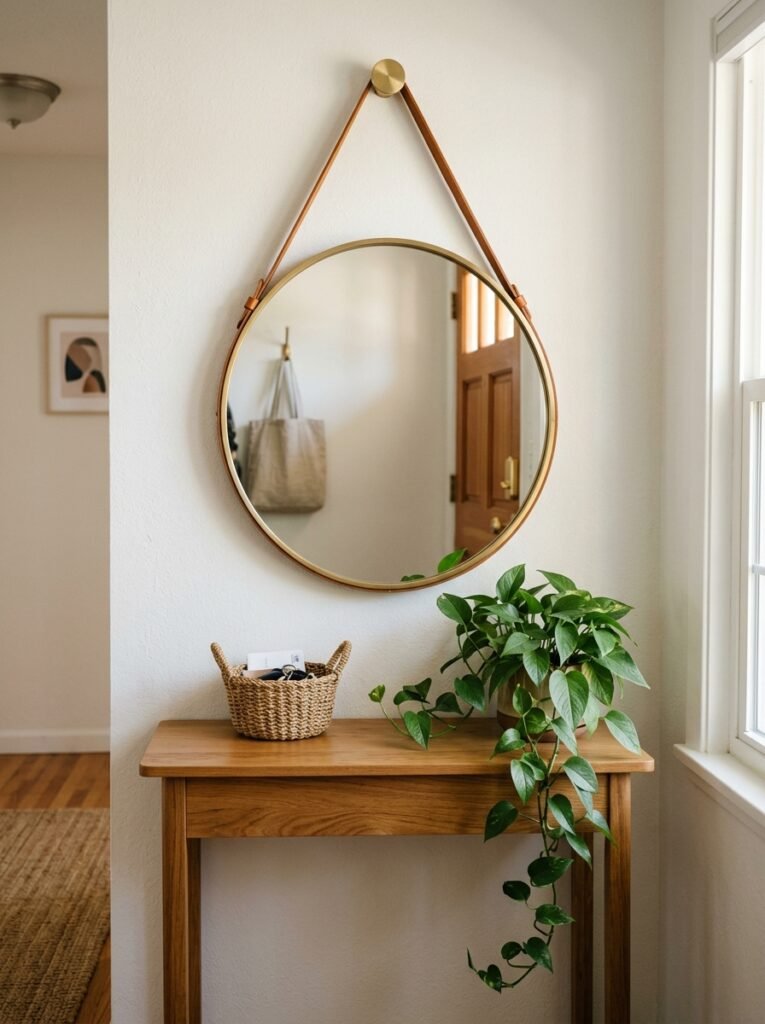 Round mirror hanging from a leather strap above an entryway console