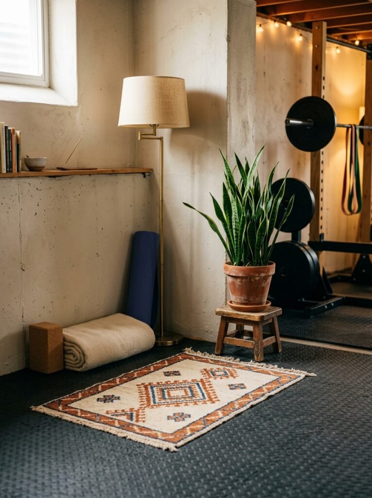 Rug and plant in the corner of a basement gym