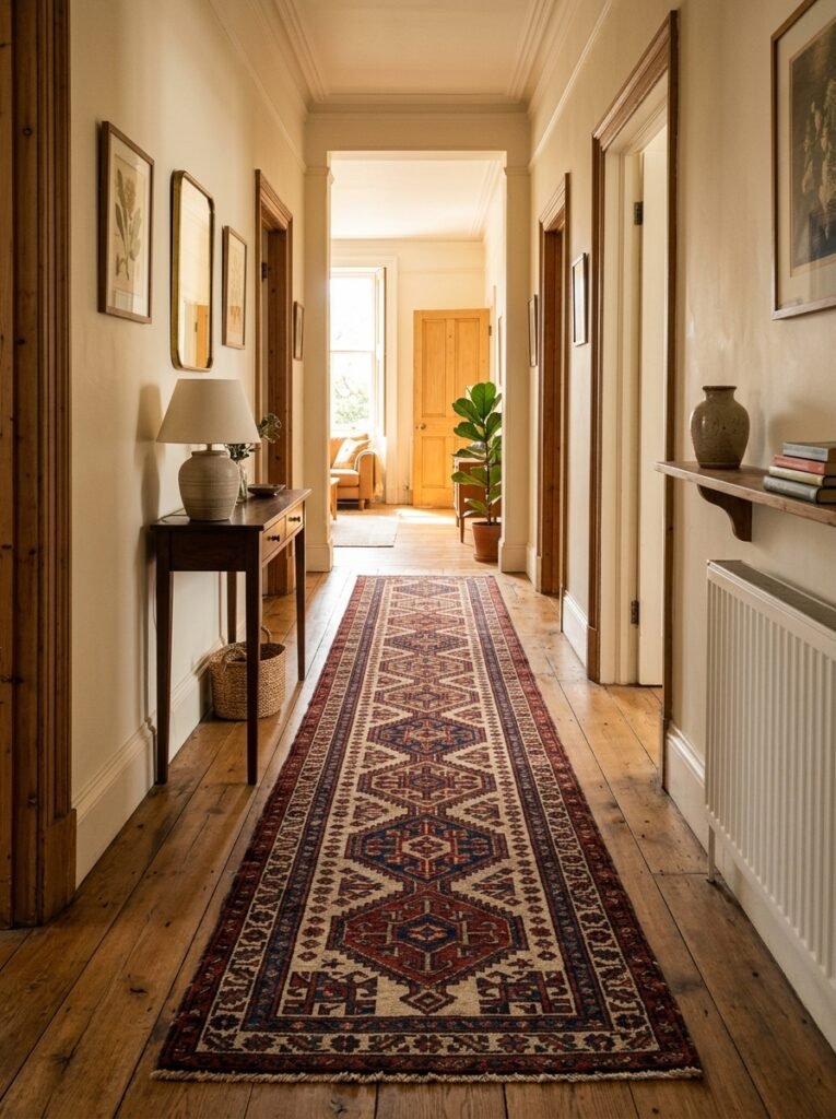 Long runner rug down a narrow entryway hallway