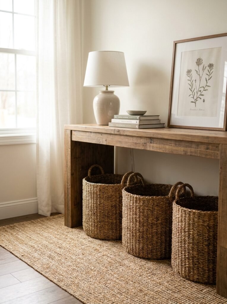 Matching baskets under an entryway console table