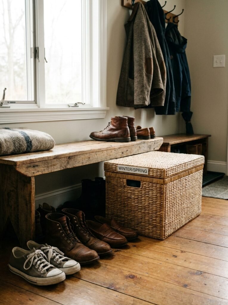 Seasonal shoe rotation in an entryway storage setup