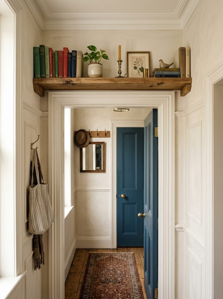Shelf above a doorway holding baskets in an entryway