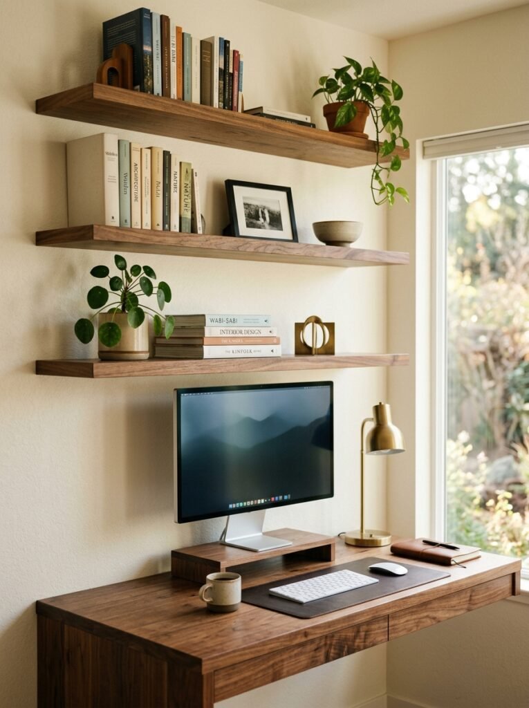 Stacked shelving above a built-in desk