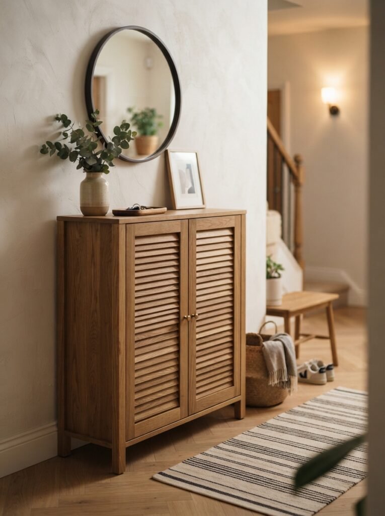 Shoe cabinet with slatted louvred doors in an entryway