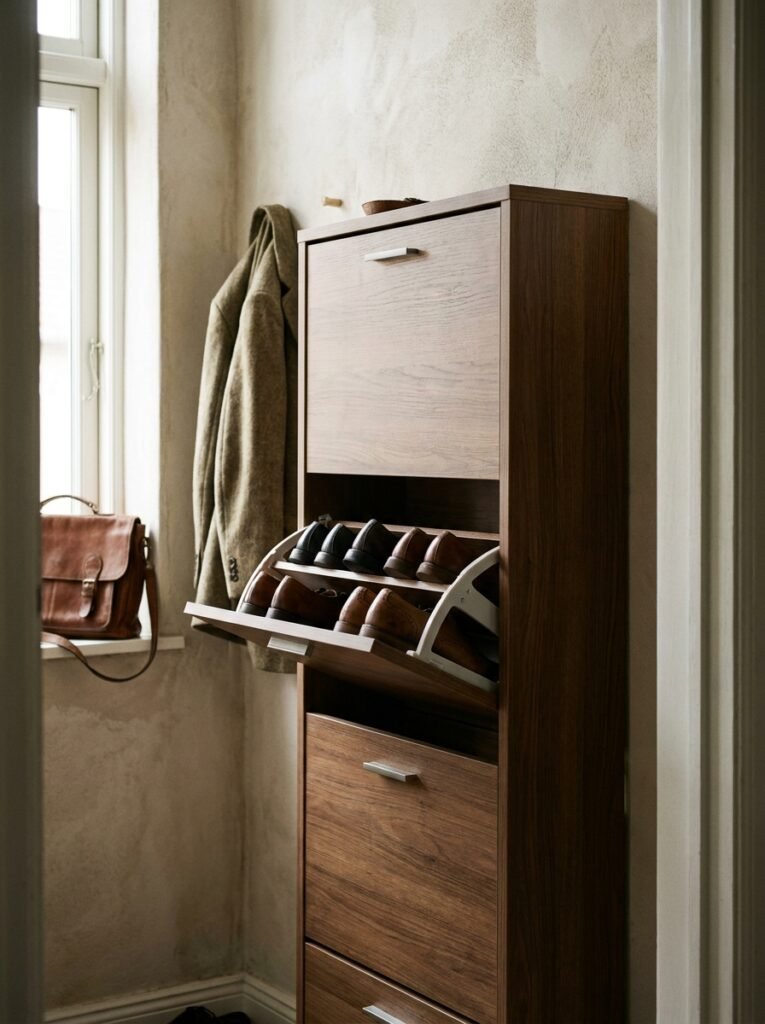 Slim tilt-out shoe cabinet in a narrow entryway
