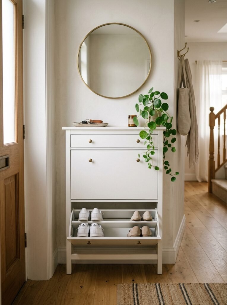 Slim white tilt-out shoe cabinet with one drawer open in a narrow entryway