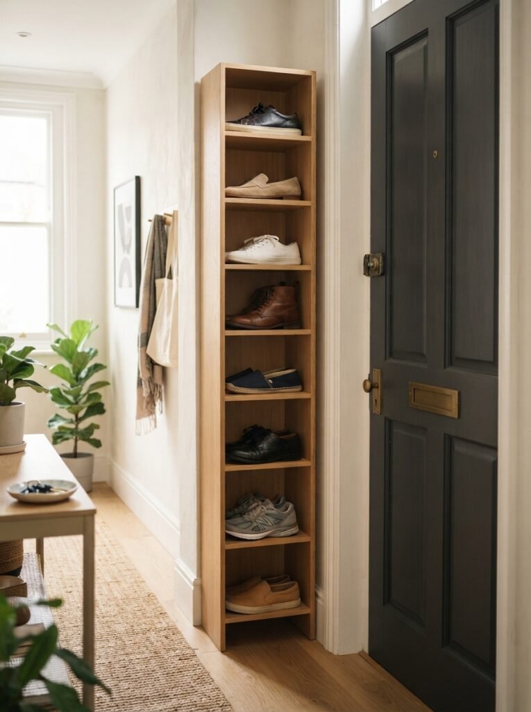 Tall narrow shoe tower beside an entryway door