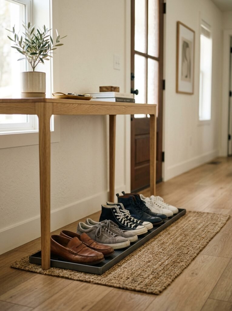 Low slim shoe tray under an entryway console