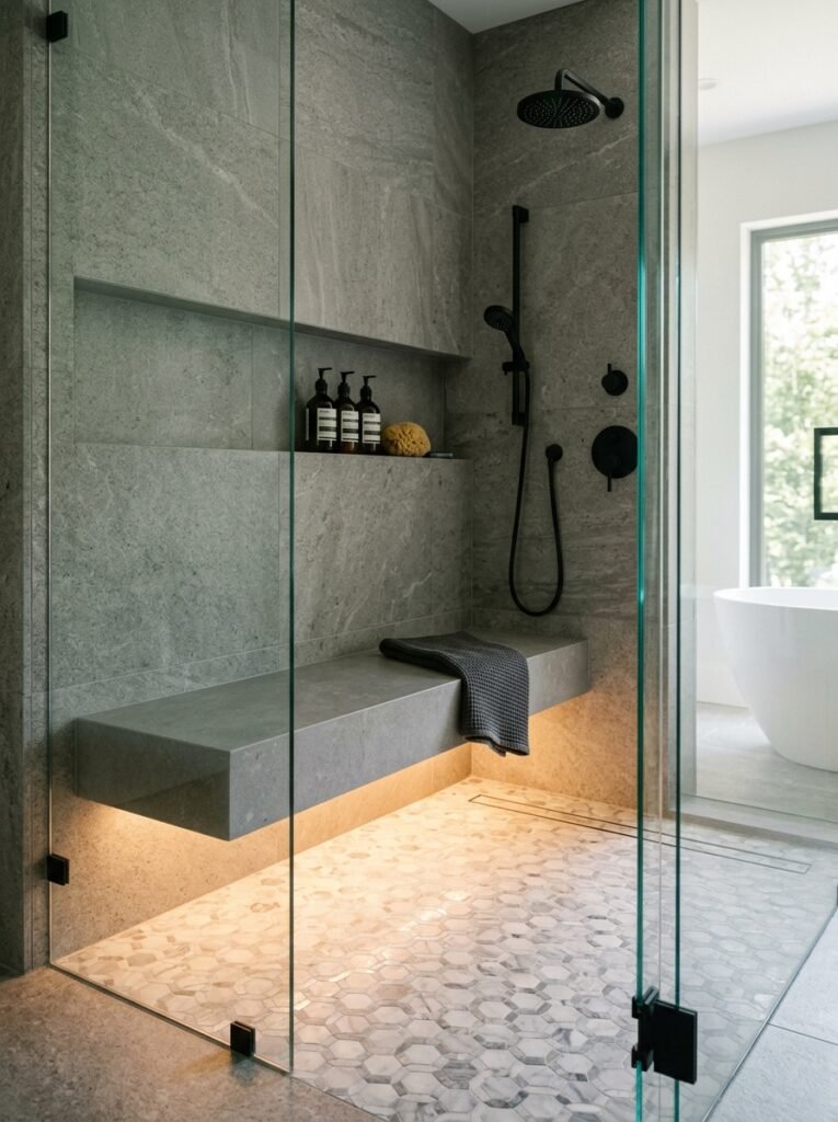 Floating shower bench with under-lighting