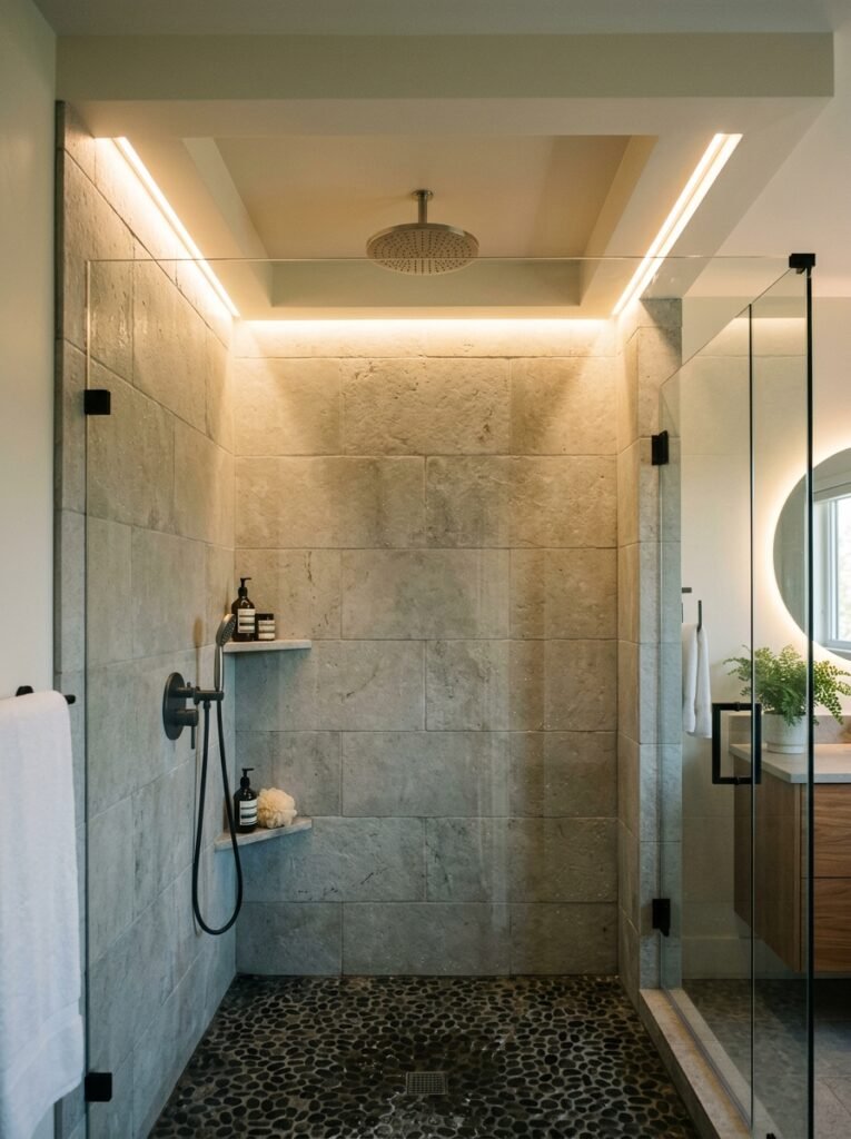 Cove lighting around a shower ceiling perimeter
