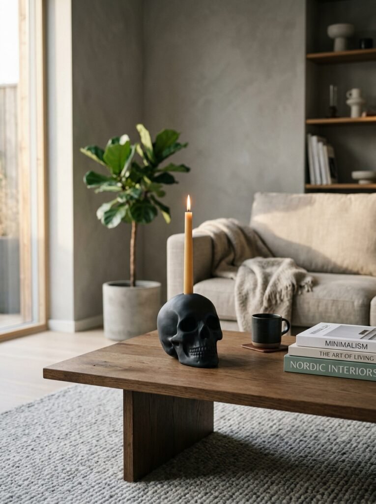 Black skull candle holder with a lit taper