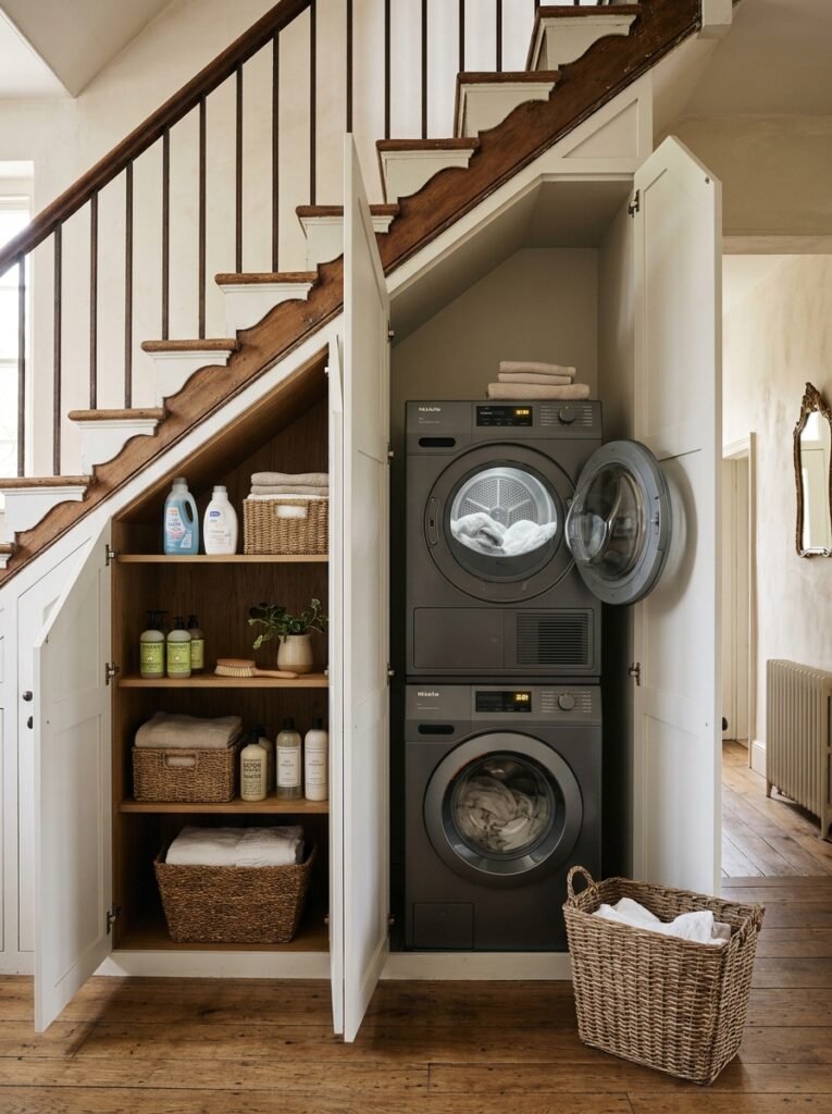 Laundry machines built into the space under a staircase