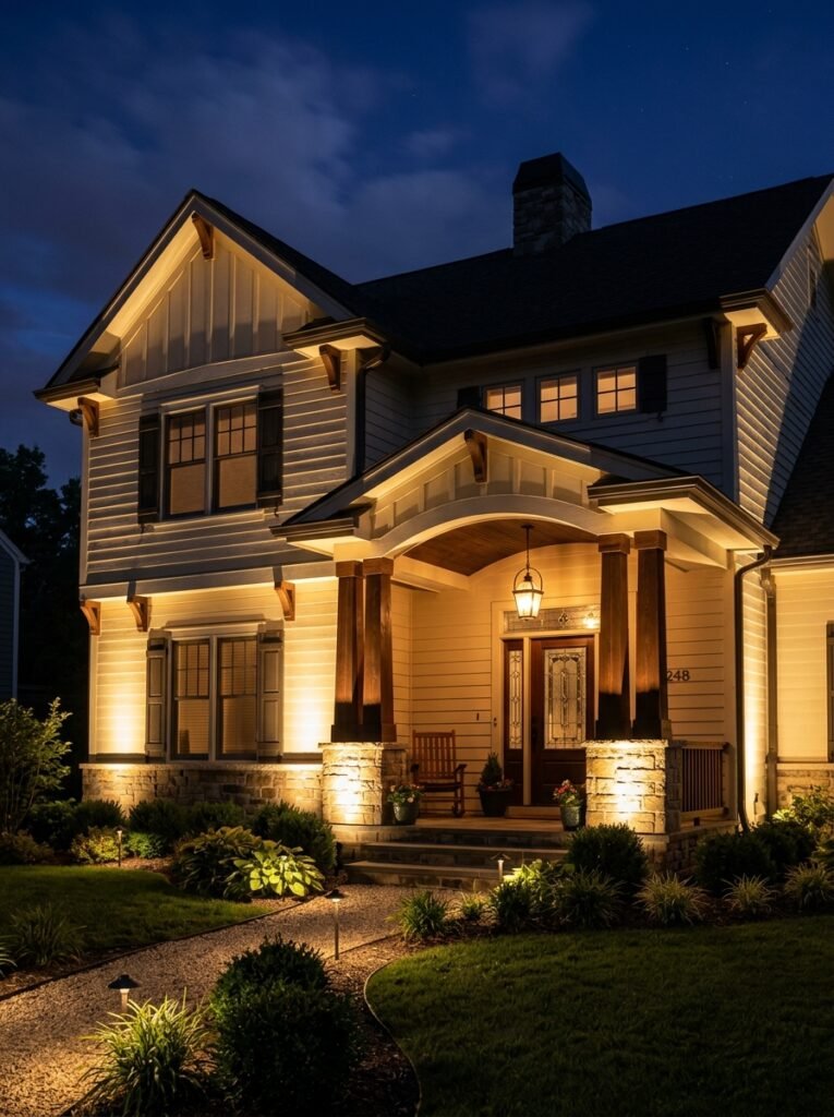 Uplit facade and column on a Halloween porch at night