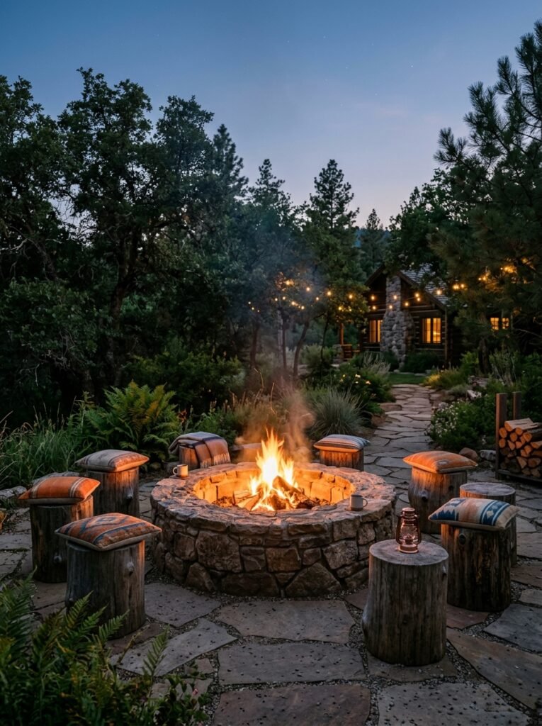 Stone fire pit with timber stump stools on a patio
