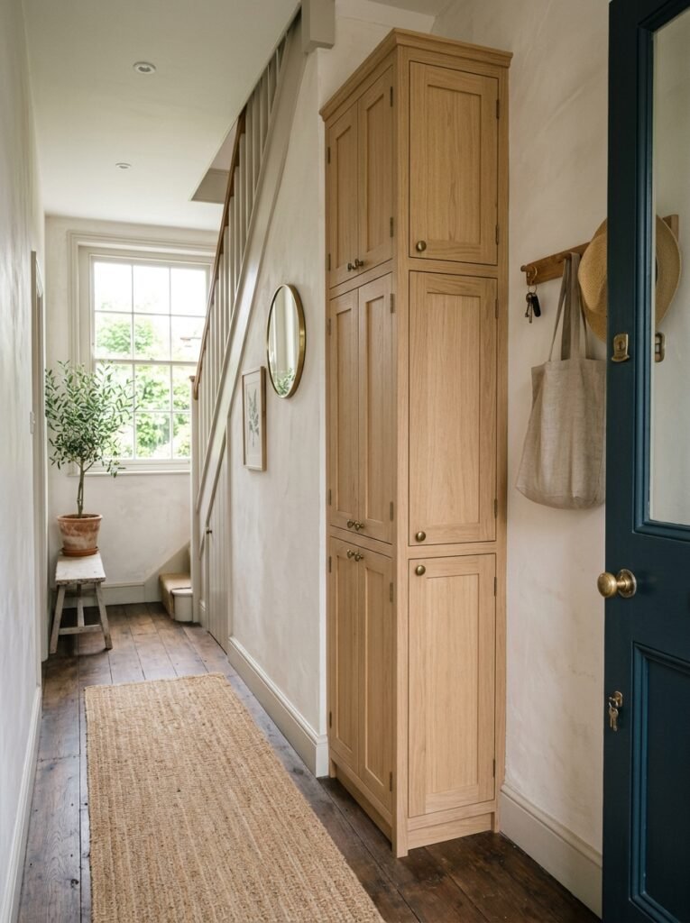 Tall slim storage cabinet in a narrow entryway